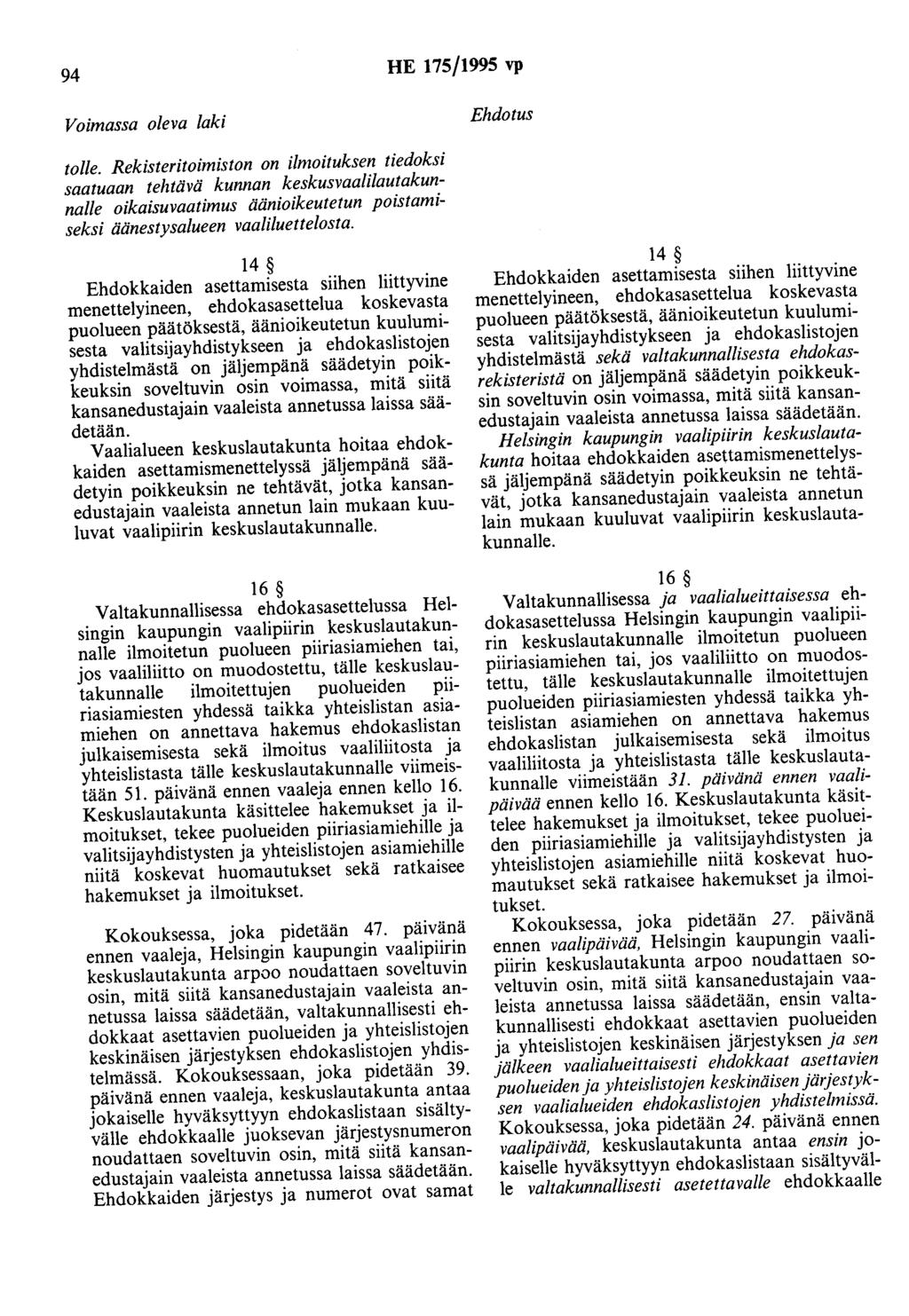 94 HE 175/1995 vp tolle. Rekisteritoimiston on ilmoituksen tiedoksi saatuaan tehtävä kunnan keskusvaalilautakunnalle oikaisuvaatimus äänioikeutetun poistamiseksi äänestysalueen vaaliluettelosta.