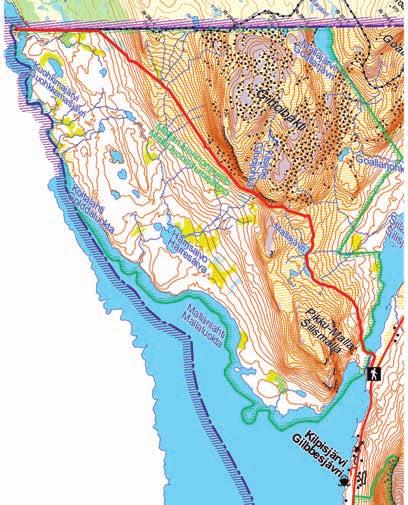 12. TRERIKSRØYSA km Parkplatz an der E8, direkt hinter dem Grenzübergang in Richtung Kilpisjärvi/Gilbbesjavri Orange markierte Holzstäbe Von Kilpisjärvi: 22 km Dreiländereck: 490 m ü M E8-tien