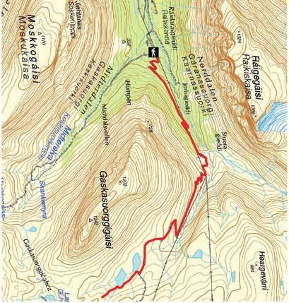 15. NORDDALEN/GÁRANASSUORGI km Von Hatteng aus, biegen Sie östlich des Flusses in das Kitdalen (ausgeschildert) ab. Folgen Sie der Straße bis zu der Brücke über den Fluß. Dort parken.