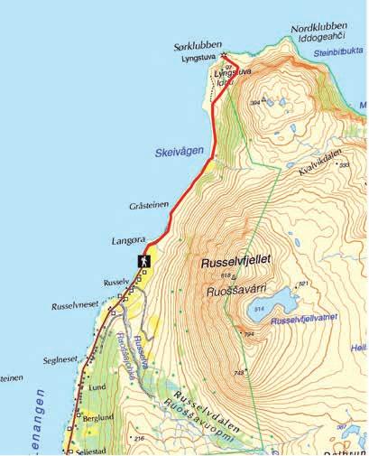 25. LYNGSTUVA/IDDU Parkplatz in Russelv/Ruoššajohka Parkkipaikka Russelvilla km Gut erkennbarer Weg 6 km 6 km Selkeä