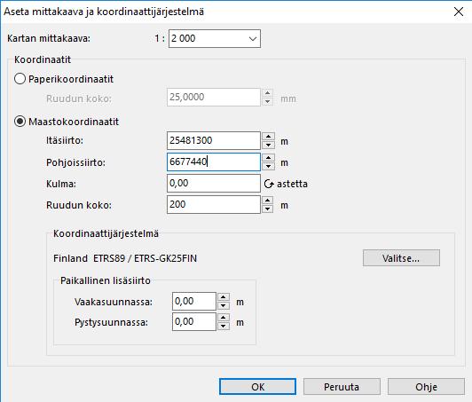 ETRS89 / ETRS-GK25FIN Aseta Maastokoordinaateiksi kuvan arvot Valitse