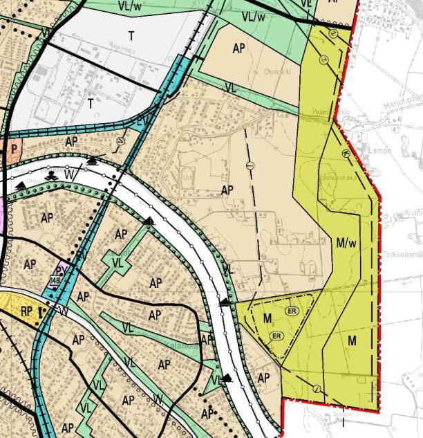 - ER, ruoppausmassojen läjitysalue - j, viemäri - k, ohjeellinen maakaasujohto 12 Kuva 4-3 Ote Porin kantakaupungin osayleiskaavasta 2025 (Porin kaupunki).