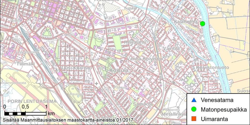 pesuvesi otetaan joesta uppopumpulla. Kalaholman pesupaikka sijaitsee joen länsirannalla ja Kaarisillan pesupaikka Luotsinmäenhaaran eteläosassa (Kuva 5-1).