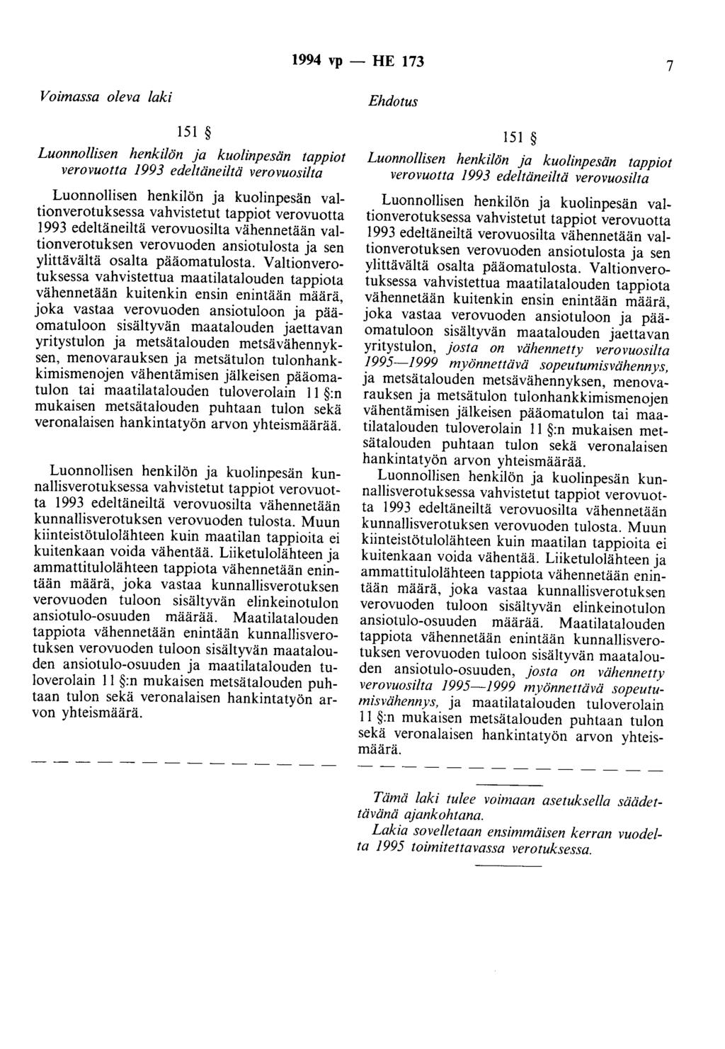 1994 vp - HE 173 7 Voimassa oleva laki 151 Luonnollisen henkilön ja kuolinpesän tappiot verovuotta 1993 edeltäneiltä verovuosilta Luonnollisen henkilön ja kuolinpesän valtionverotuksessa 1993