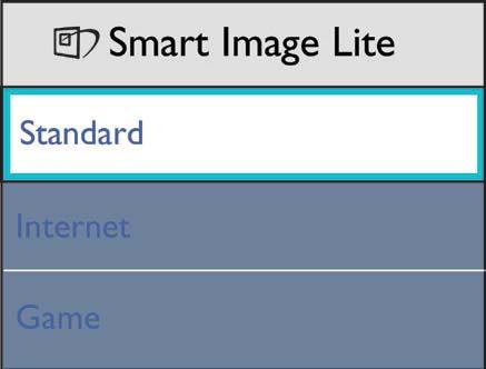 3. Kuvan optimointi Valittavanasi on 3 tilaa: Standard (Vakio), Internet, Game (Peli). 3.2 SmartContrast Määritelmä?