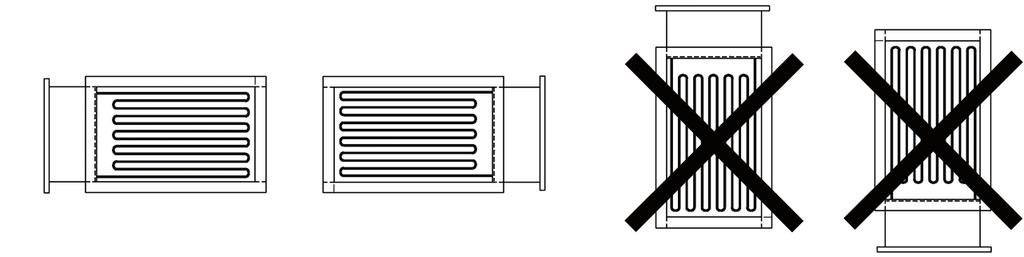 Asennus Kanavalämmittimet voidaan asentaa vaakasuoraan tai pystysuoraan kanavaan. Ilman on kuljettava kanavalämmittimen kannessa olevan ilman suuntaa osoittavan nuolen suuntaan.