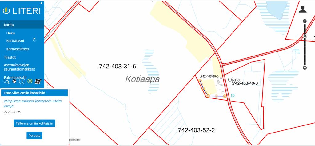 Liiteri -tietopalvelu Mittaustyökalut ja kiinteistörajat mahdollistavat esim.