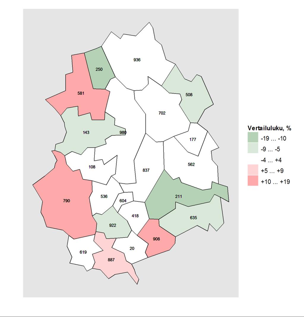 Kartta 1. Vammojen ja myrkytysten aiheuttamat hoitojaksot alueen kunnissa vuosina 2011 2015, vertailutiedot koko maan tilanteeseen. Kartta: Maanmittauslaitoksen Yleiskartta 1:4 500 000, 2011.