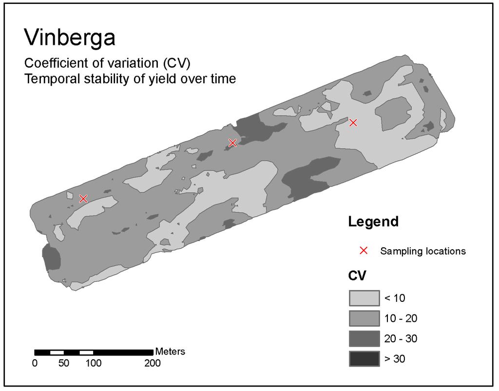 Esimerkki ajallisen vaihtelun kartasta (coefficient of variation, CV) Alue = vakaa, jos CV < 30% (Blackmore, 2000,