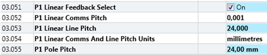 Takaisinkytkennän ja lineaarinopeuden asetukset Pr. 3.038 = SC (sincos -anturi) Pr. 3.039 = 1 (päätevastukset päällä/tehd.as.) Pr. 3.040 = 0001 (Encoder2/johtokatkohälytys/tehd.as.) Pr. 3.051 = On ( lineaarinen takaisinkytkentä valittu) Pr.