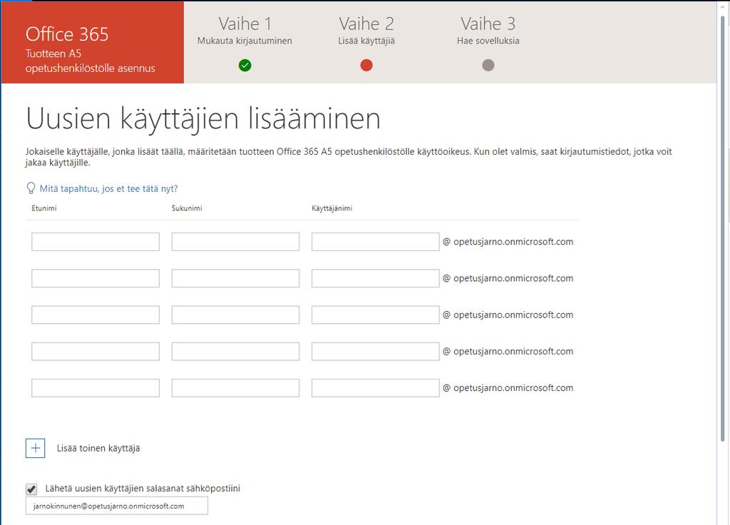 Käyttöoikeudet voidaan myös lisätä jälkikäteen käyttäjien luonnin yhteydessä, joten tässä vaiheessa käyttäjien lisääminen on jätetty tyhjäksi. Kuva 14.