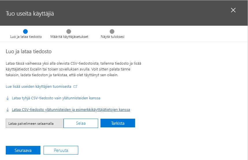 25 (78) Office 365:ssä on myös mahdollista lisätä monta käyttäjää samalla kertaa. Aktiiviset käyttäjät -välilehdeltä Lisää -valikon alta löytyy mahdollisuus lisätä useita käyttäjiä (Kuva 21).