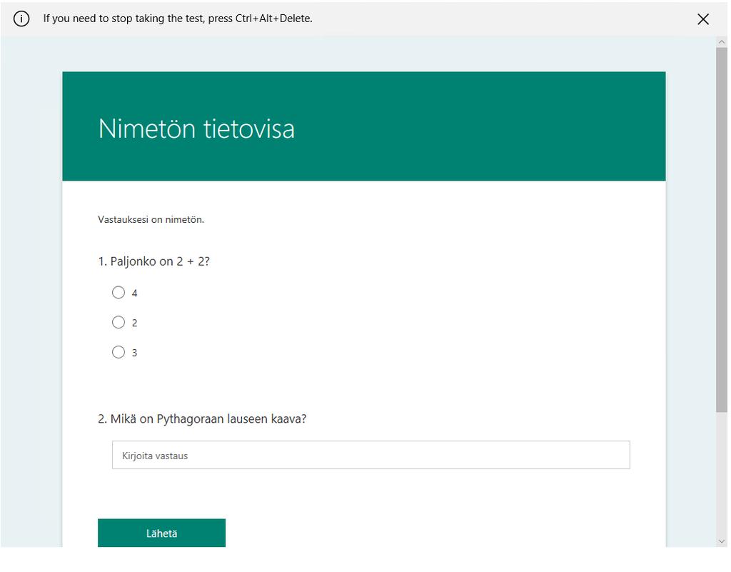 46 (78) Kun nyt kirjaudutaan työasemaan käyttäjällä koulu1oppilas1, ensimmäinen ikkuna kirjautumisen jälkeen on testiin vastaussivu.