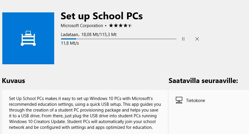51 (78) Kuva 59. Set up School PCs -sovellus Windows Storessa. Kun Set up School Pcs -sovellus on asennettu, avaamalla sovellus aukeaa aloitusikkuna (Kuva 60).