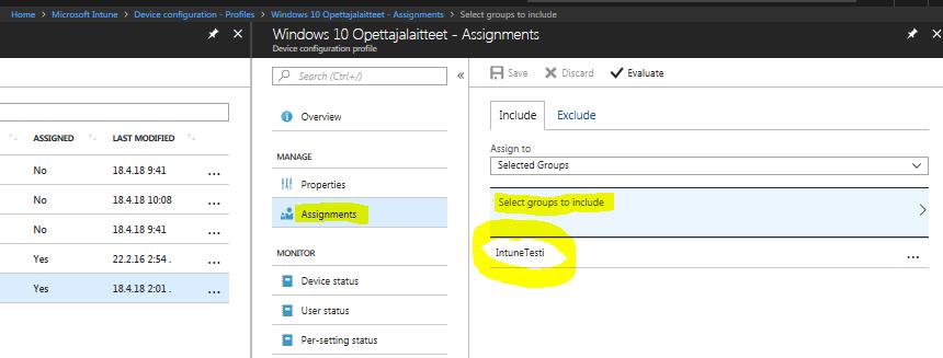 Device configuration -välilehdeltä voidaan määritellä ryhmille erilaisia käytäntöjä, eli profiileja, tai ajaa ryhmän jäsenille Powershell skriptejä.