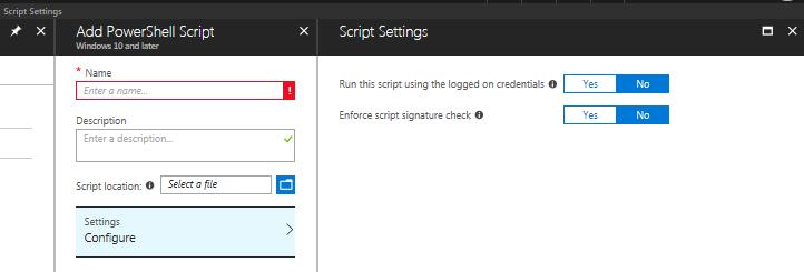 60 (78) Kuva 72. Yleisimmin käytetyt profiilityypit. Powershell skriptien lisäys tapahtuu Intunen polusta Home -> Microsoft Intune -> Device configuration Powershell scripts -> Add.