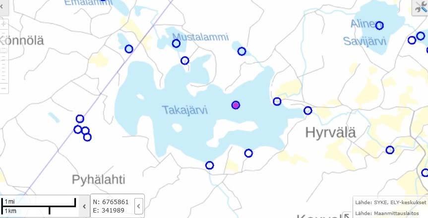 Takajärven tuntuman näytepisteet Punaisella on