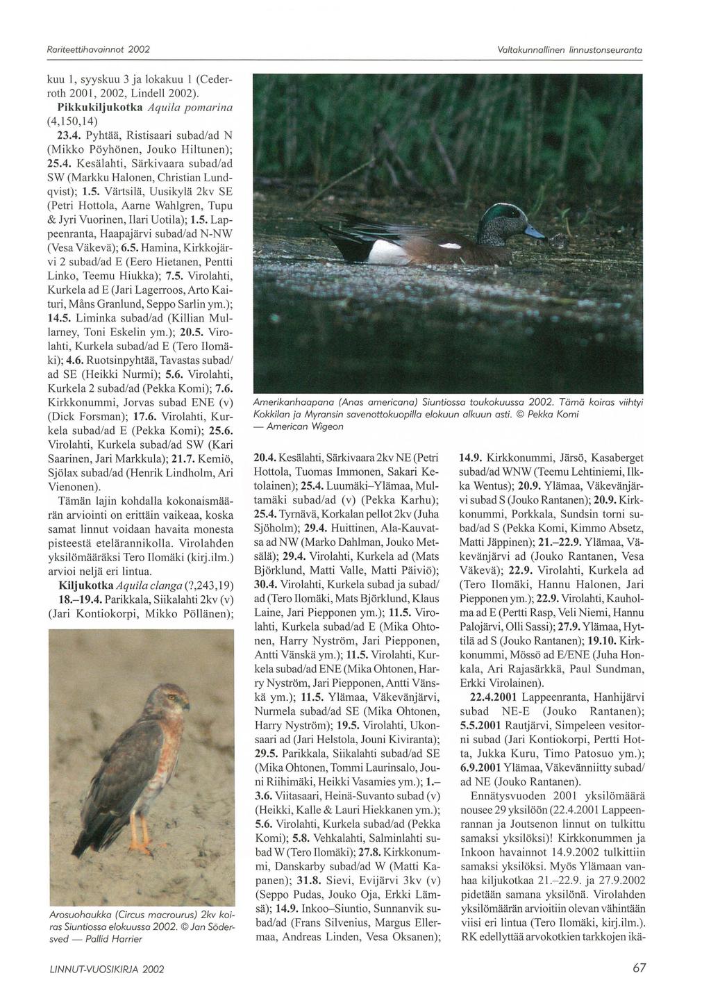 Rariteettihavainnat 2002 Valtakunnallinen linnustonseuranta kuu 1, syyskuu 3 ja lokakuu 1 (Cederroth 2001, 2002, Lindell 2002). Pikkukiljukotka Aquila pomarina (4,