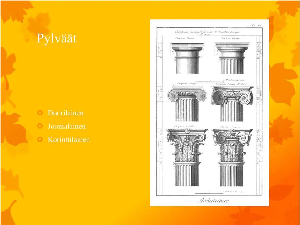 Klassisia pylväitä on kolmea tyyppiä: doorilaiset pylväät ovat yksinkertaisia rakenteeltaan