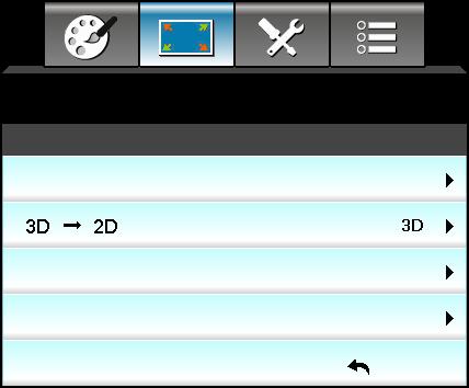 PROJEKTORIN KÄYTTÖ Näyttö 3D-valikko NÄYTTÖ 3D-tila 3D-Muoto 3D-synk. kääntö Auto 3D-tila DLP-linkki: Valitse "DLP-linkki" käyttääksesi DLP Link 3D -laseille optimoituja asetuksia.