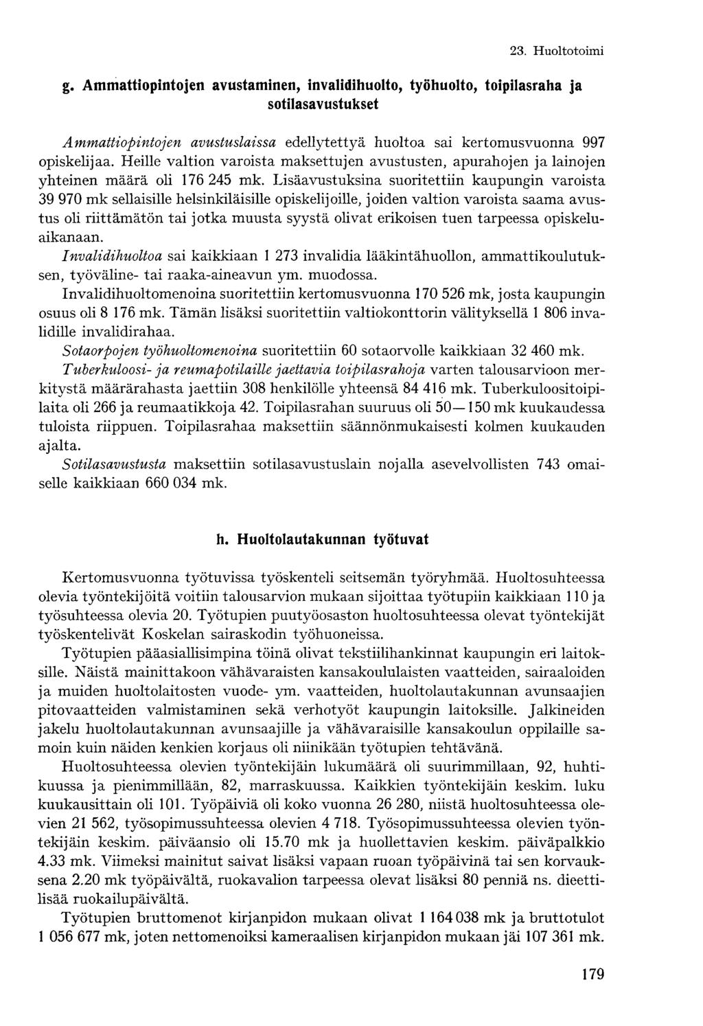 g. Ammattiopintojen avustaminen, invalidihuolto, työhuolto, toipilasraha ja sotilasavustukset Ammattiopintojen avustuslaissa edellytettyä huoltoa sai kertomusvuonna 997 opiskelijaa.