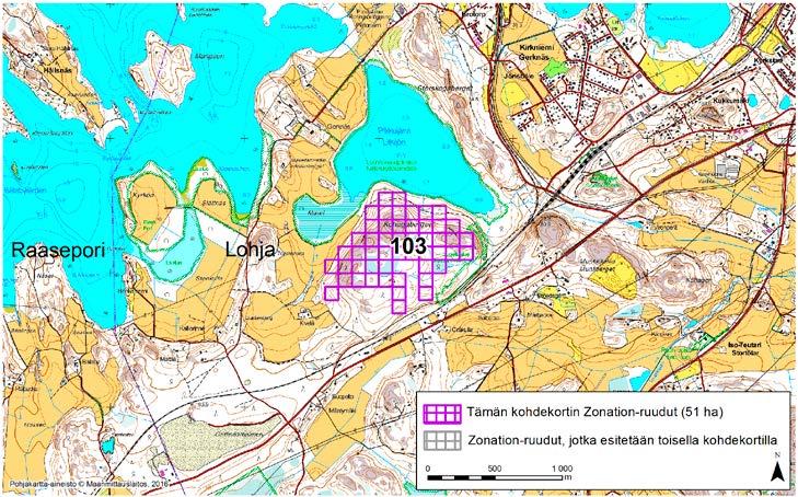 Lohja, Zonation-aluetunnus 103 LOHJA (103) Alue sijaitsee Lohjan eteläosissa Kirkniemen (Gerknäs) lounaispuolella asumattomalla kallioisella metsäalueella.
