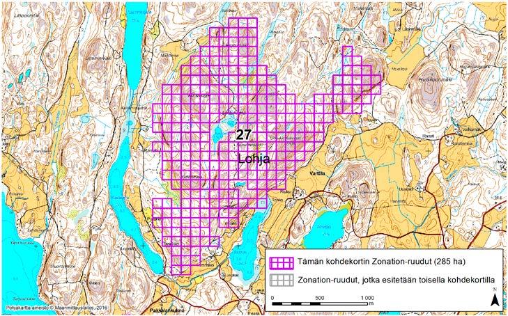 Lohja, Zonation-aluetunnus 27 LOHJA (27) Alue sijaitsee Lohjan länsiosissa Pakkalakulman kylän pohjoispuolella ja Varttilan kylän luoteispuolella asumattomalla kallioisella metsäalueella.