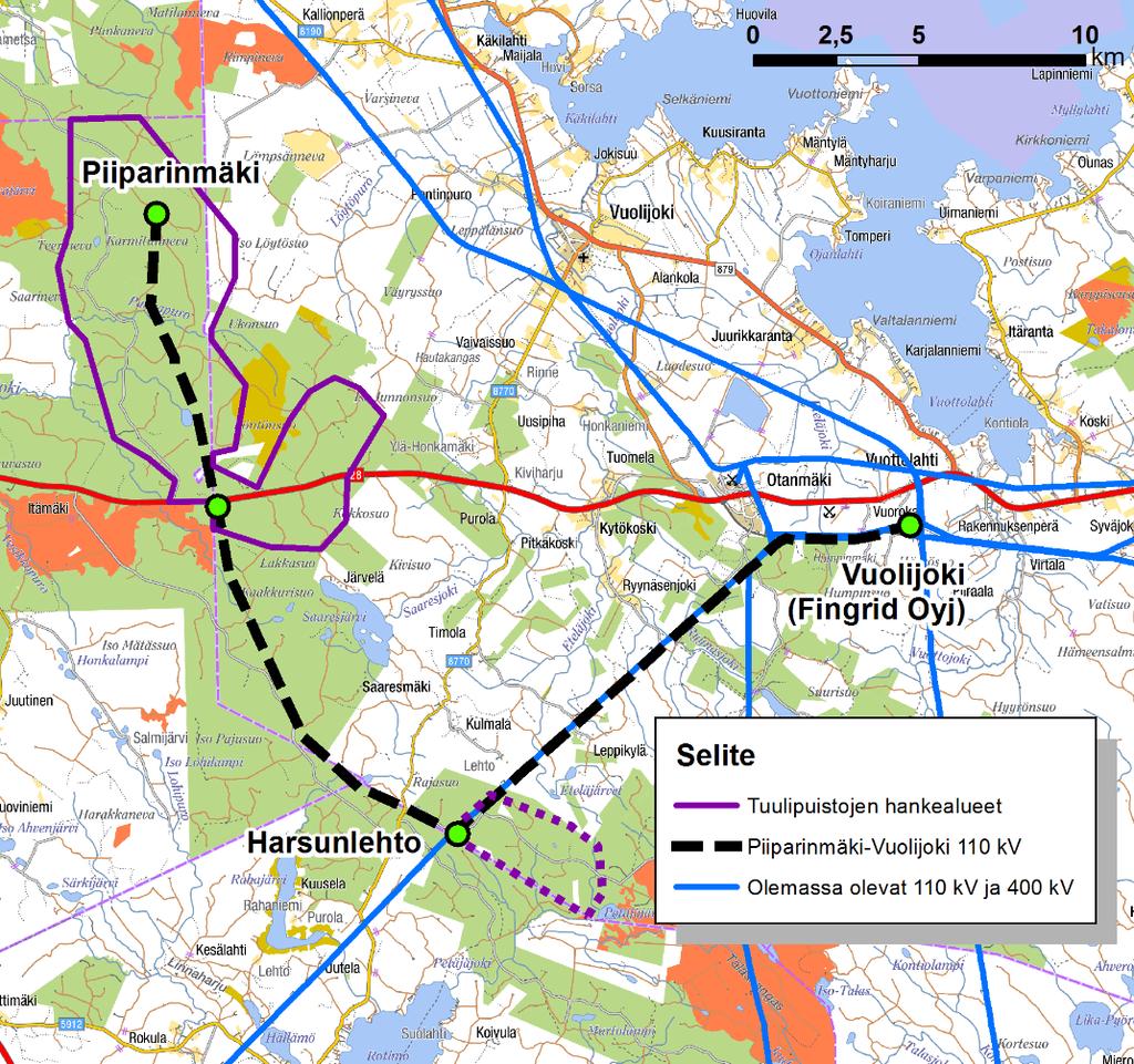 Voimajohtohankkeen taustaa Metsähallitus kehittänyt alueellisesti merkittävän 50 tuulivoimalan Piiparinmäen-Murtomäen tuulipuistohankkeen Pyhäntään ja Kajaaniin Vuolijoki-Harsunlehto-Piiparinmäki