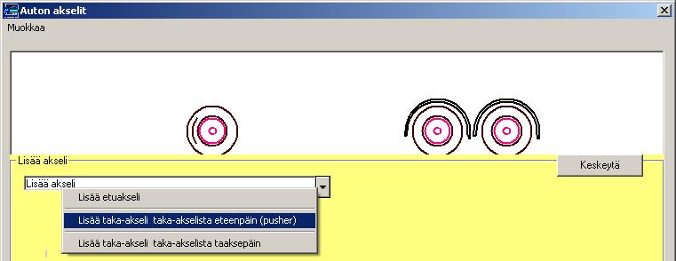 Klikkaa valikkoa: Auto Auton akselit Auton akselit ikkunassa: valitse: Muokkaa - Lisää akseli Paina hiirellä Lisää akseli valintalistan nuolinappia.
