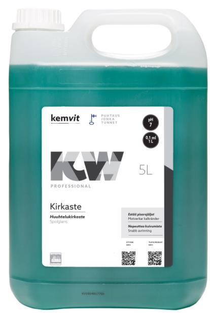 KW Kirkaste Huuhtelukirkaste koneelliseen astianpesuun Käyttökohteet/työmenetelmät Neutraali nestemäinen huuhtelukirkaste