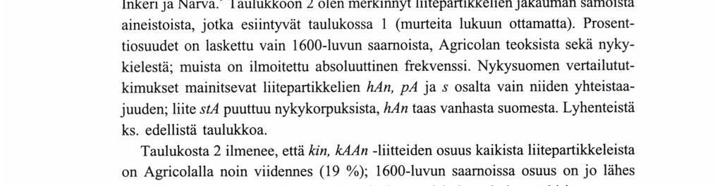 Pı i ı kko FoRsMAN SveNssoN Taulukko 2. Liitepartikkelien jakauma eri aineistoissa Teksti(luokka) kin/kaan sta s pa han Nhteen sa f % f % f % f % f % 1.