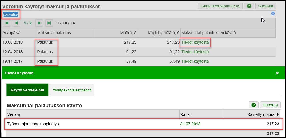 Palautusten katsominen OmaVerosta Suodata -toiminnolla rajattu näkymään