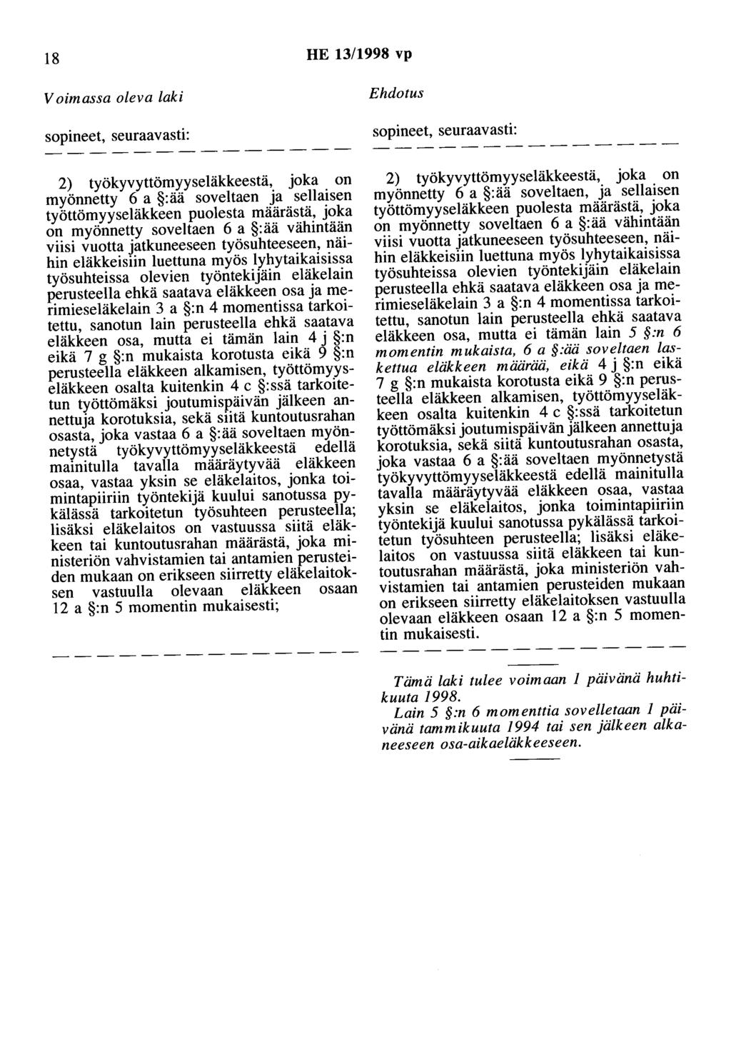 18 HE 13/1998 vp sopineet, seuraavasti: 2) työkyvyttömyyseläkkeestä, joka on myönnetty 6 a :ää soveltaen ja sellaisen työttömyyseläkkeen puolesta määrästä, joka on myönnetty soveltaen 6 a :ää