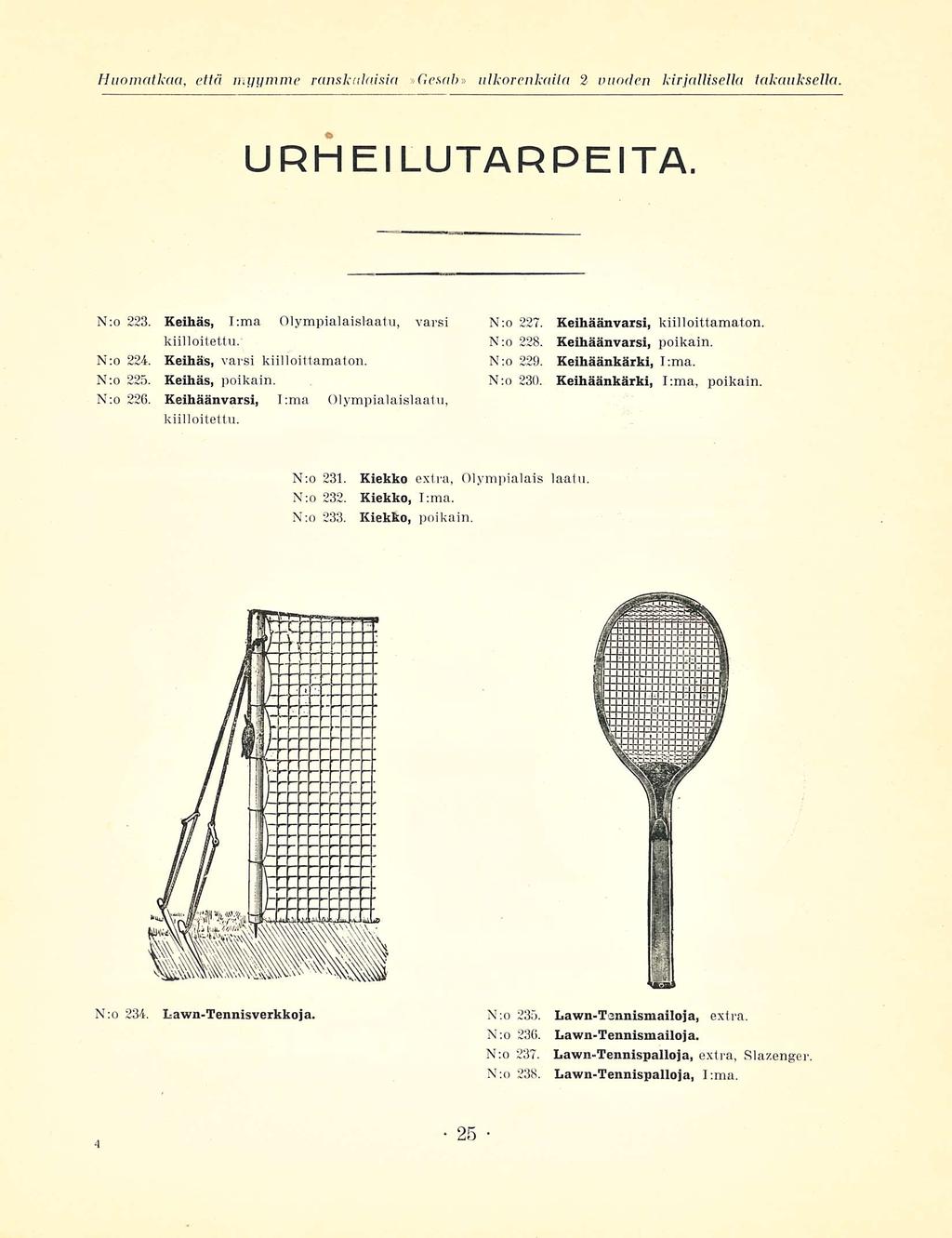 Huomatkaa, että myymme ranskalaisia»gesah» ulkorenkaiia 2 vuoden kirjallisella takauksella. URH El LUTARPEITA. N:o 223. Keihäs, I:ma Olympialaislaatu, varsi kiilloitettu. N;o 224.