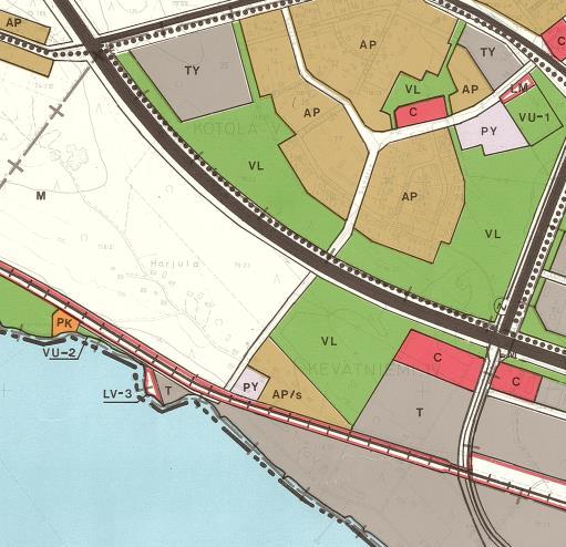 1986 hyväksymässä taajamaosayleiskaavassa (ei oikeusvaikutteinen) keskustatoimintojenaluetta (C), teollisuus- ja varastoaluetta (T), lähivirkistysaluetta (VL), julkisten palvelujen ja
