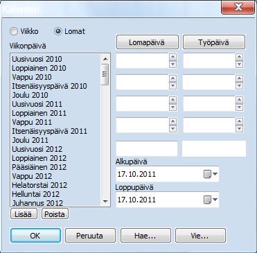 3.5 Kalenterin määrittäminen Uusi projekti sisältää valmiina peruskalenterin, johon on määritelty 5-päiväinen 8 tunnin työviikko ja jossa on vapaapäivinä Suomen yleiset juhlapyhät.