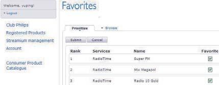 Internet-radion hallinta Internetissä NP3900 Internet http://www.philips.com/welcome Rekisteröimällä NP3900-laitteen osoitteessa www.philips.com/welcome (katso Rekisteröi NP3900 Philips-palvelussa) voit kirjautua Club Philipsiin.