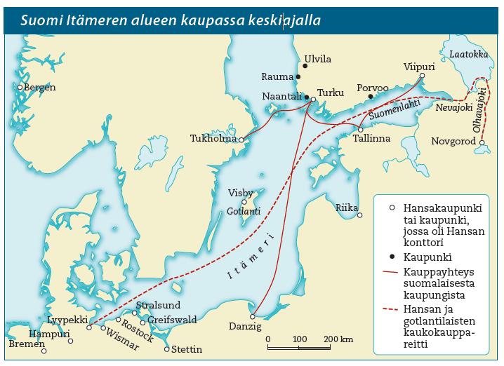 a) Ulkomaiden kanssa: Itämeren kaupan kasvaessa suomalaiset kaupungit syntyivät rannikolle. Saksalaiset kauppiaat ja käsityöläiset hallitsivat kauppaa, ja kielenä käytettiin saksaa.