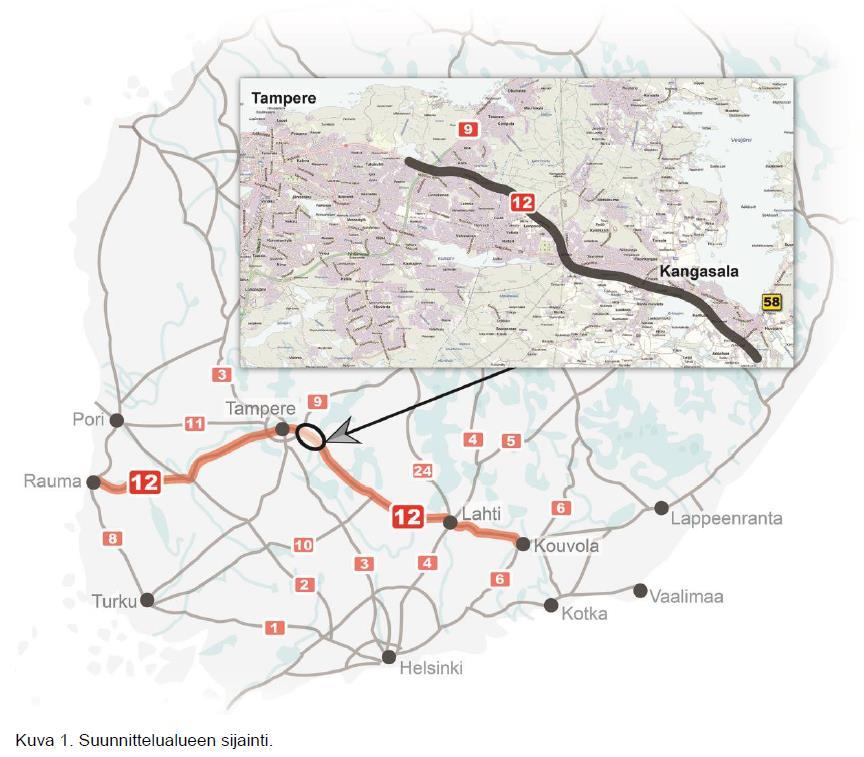 Sivu 2 Yleissuunnitelman tarkoituksena on osoittaa valtatielle 12 Tampereen Alasjärven ja Kangasalan Huutijärven välille parantamisratkaisut, joilla tiejakso saadaan vastaamaan tieyhteydelle