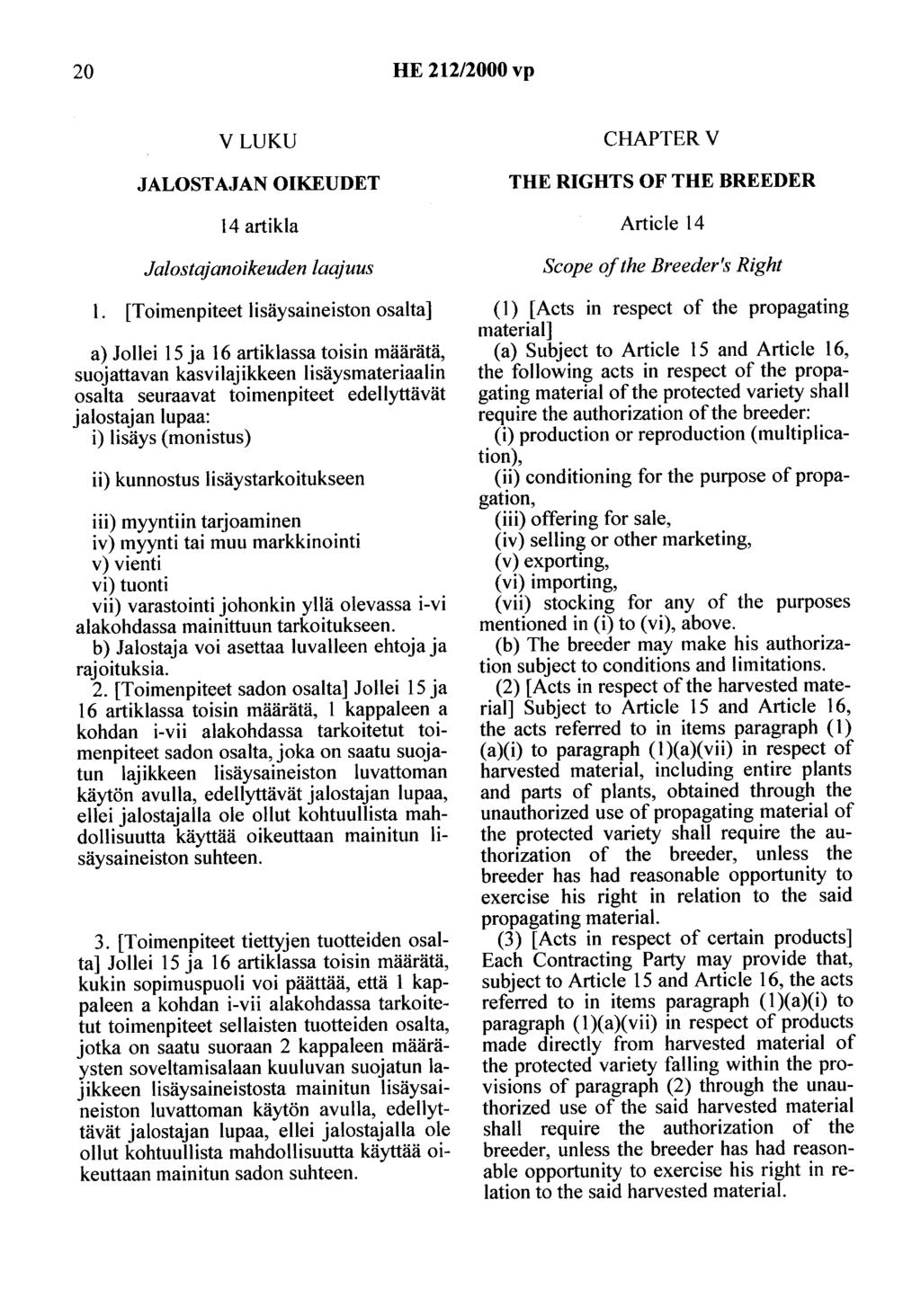 20 HE 212/2000 vp V LUKU JALOSTAJAN OIKEUDET CHAPTER V THE RIGHTS OF THE BREEDER 14 artikla Article 14 Jalostajanoikeuden laajuus 1.