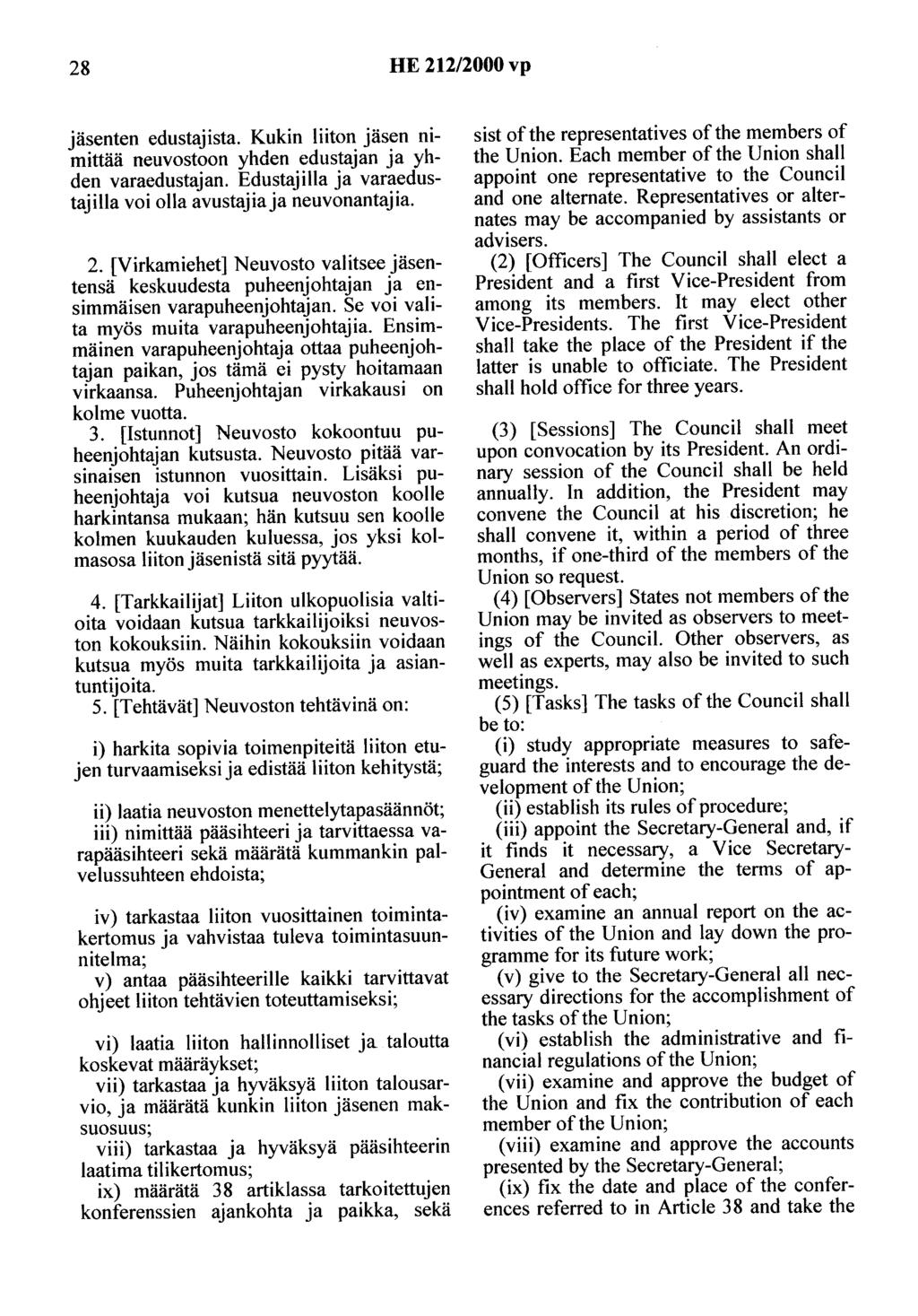 28 HE 212/2000 vp jäsenten edustajista. Kukin liiton jäsen nimittää neuvostoon yhden edustajan ja yhden varaedustajan. Edustajilla ja varaedustajilla voi olla avustajia ja neuvonantajia. 2. [Virkamiehet] Neuvosto valitsee jäsentensä keskuudesta puheenjohtajan ja ensimmäisen varapuheenjohtajan.