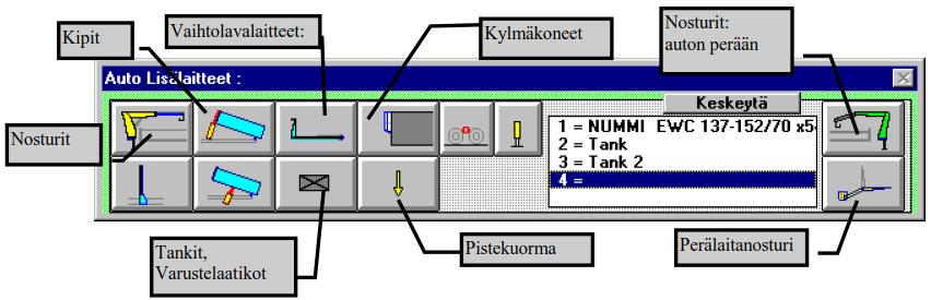 kokonaisuuksiin. Kuvakkeen alta valitaan lisälaitteen tyyppi ja malli, jonka jälkeen sille annetaan paikkaan, asemaan ja painoon liittyviä tietoja.