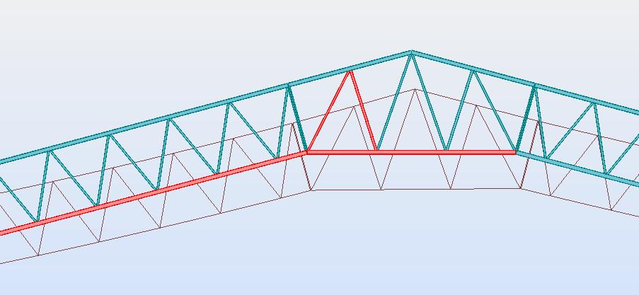 Kuva 17. Katon pääkannattajan eniten rasitetut diagonaalit ja paarteet (punaisella). Diagonaalien pituudella onli oleellinen vaikutus niiden kestävyyteen nurjahduksen suhteen.