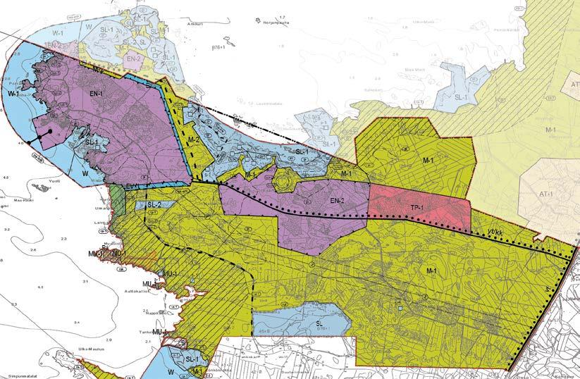 Kuva 6-3 Ote Pyhäjoen Hanhikiven ydinvoimalaitosalueen osayleiskaavasta (2010). Raahen puolen ydinvoimalaitosalueen osayleiskaavaa näkyy kuvassa himmennettynä.