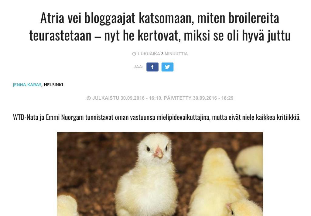 Ruokabloggaajat & Atria Atria vei syksyllä 2016 viisi ruokabloggaajaa tutustumaan jalasjärveläiseen broileritilaan sekä Nurmossa sijaitsevaan teurastamoon osana
