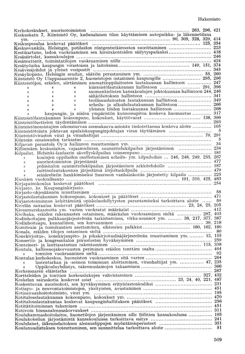 Kerhokeskukset, nuorisotoimiston 263, 296, 421 Keskuskatu 7, Kiinteistö Oy, kadunalaisen tilan käyttäminen autopaikka- ja liikennetilana ym 90, 309, 328, 329, 414 Keskuspesulaa koskevat päätökset