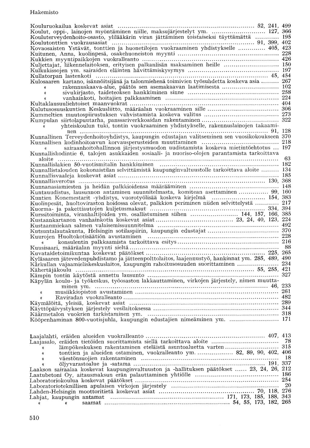 Kouluruokailua koskevat asiat 52, 241, 499 Koulut, oppi-, lainojen myöntäminen niille, maksujärjestelyt ym 127, 366 Kouluterveydenhoito-osasto, ylilääkärin viran jättäminen toistaiseksi täyttämättä