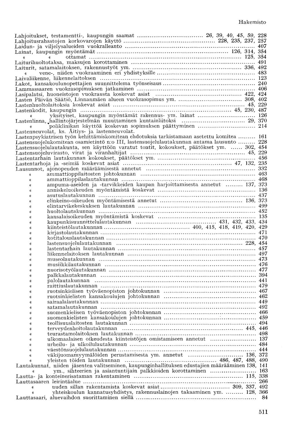 Lahjoitukset, testamentti-, kaupungin saamat 26, 39, 40, 45, 59, 228 Lahjoitusrahastojen korkovarojen käyttö 228, 235, 237, 257 Laidun- ja viljelysalueiden vuokralleanto 407 Lainat, kaupungin
