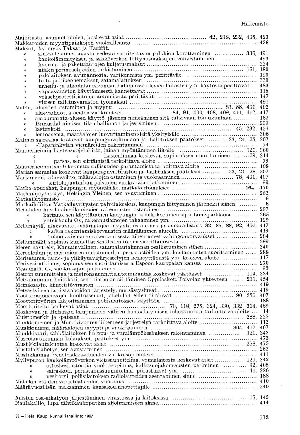 Hakemisto Majoitusta, asunnottomien, koskevat asiat 42, 218, 232, 405, 423 Makkaroiden myyntipaikkojen vuokralleanto 426 Maksut, ks. myös Taksat ja Tariffit.