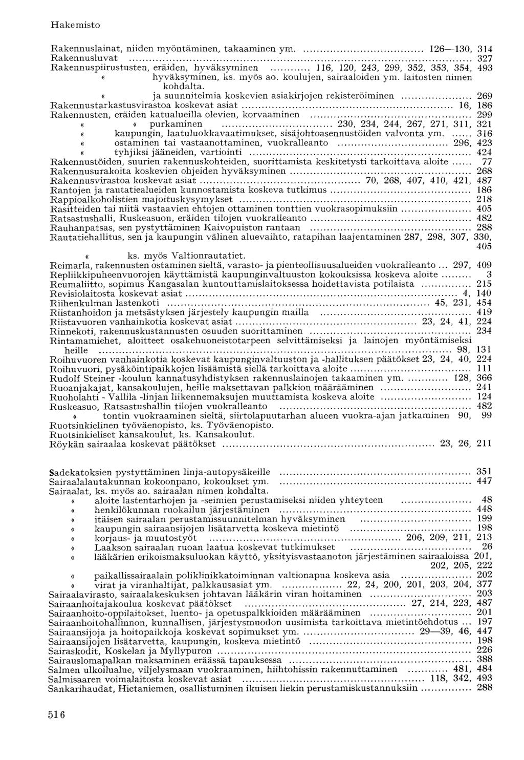 Rakennuslainat, niiden myöntäminen, takaaminen ym 126 130, 314 Rakennusluvat 327 Rakennuspiirustusten, eräiden, hyväksyminen 116, 120, 243, 299, 352, 353, 354, 493 «hyväksyminen, ks. myös ao.